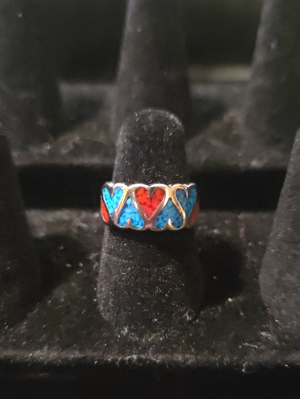Native American Heart Motif Ring Red Coral/Turquoise Chip Inlay Set In Nickle